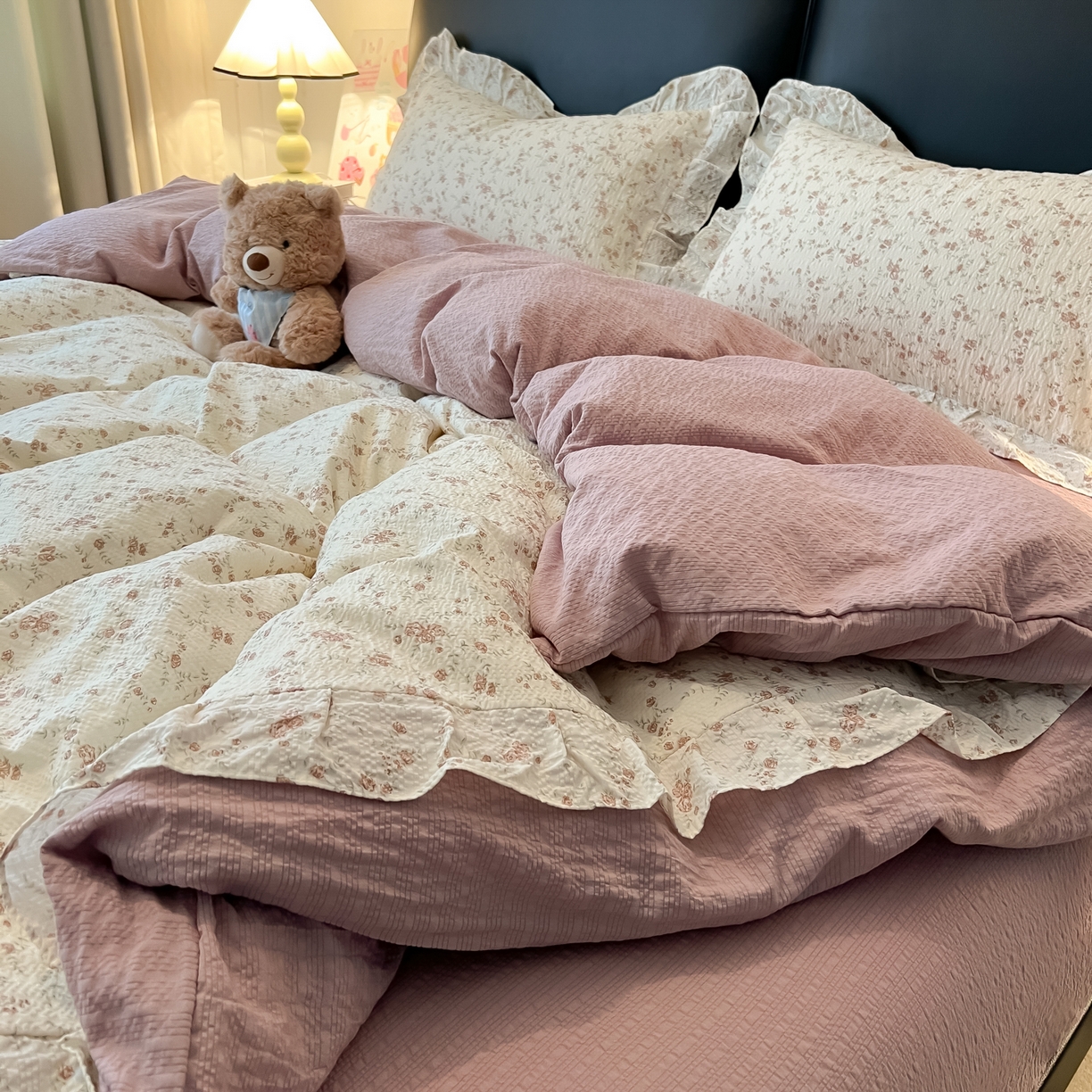 91家纺网 家纺一手货源 找家纺 子钦家纺 2026春夏新款提花泡芙棉花边拼角工艺床单床笠四件套-卡哇伊 卡哇伊-美好时光