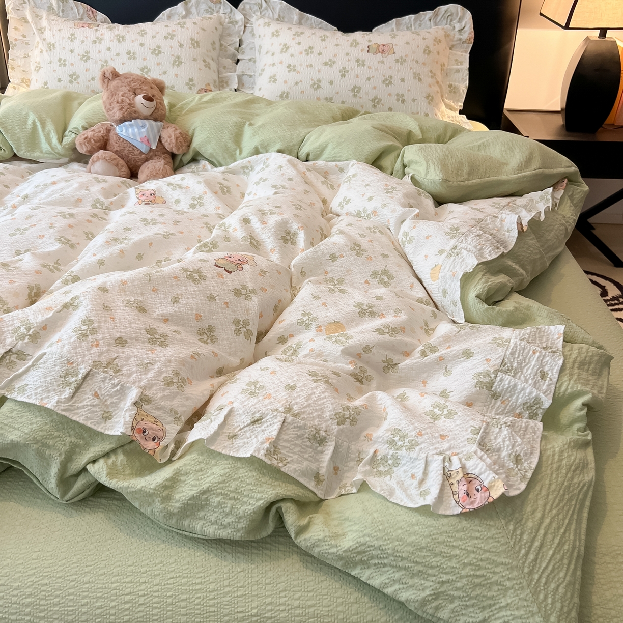 子钦家纺 2026春夏新款提花泡芙棉花边拼角工艺床单床笠四件套-卡哇伊 卡哇伊-欢乐颂