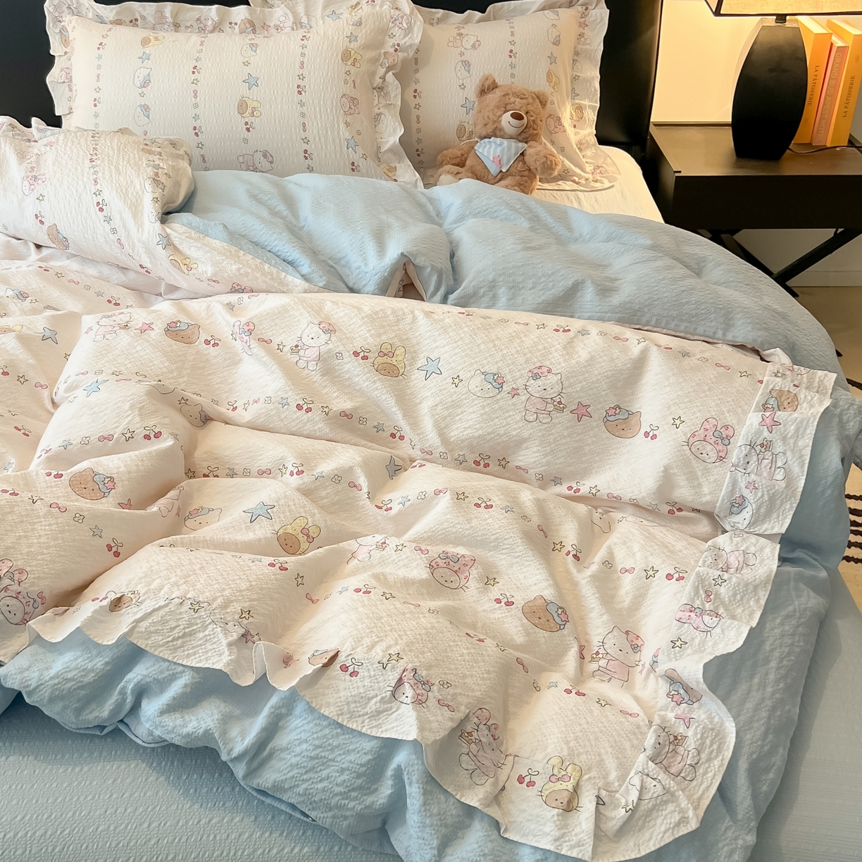 子钦家纺 2026春夏新款提花泡芙棉花边拼角工艺床单床笠四件套-卡哇伊 卡哇伊-快乐家族