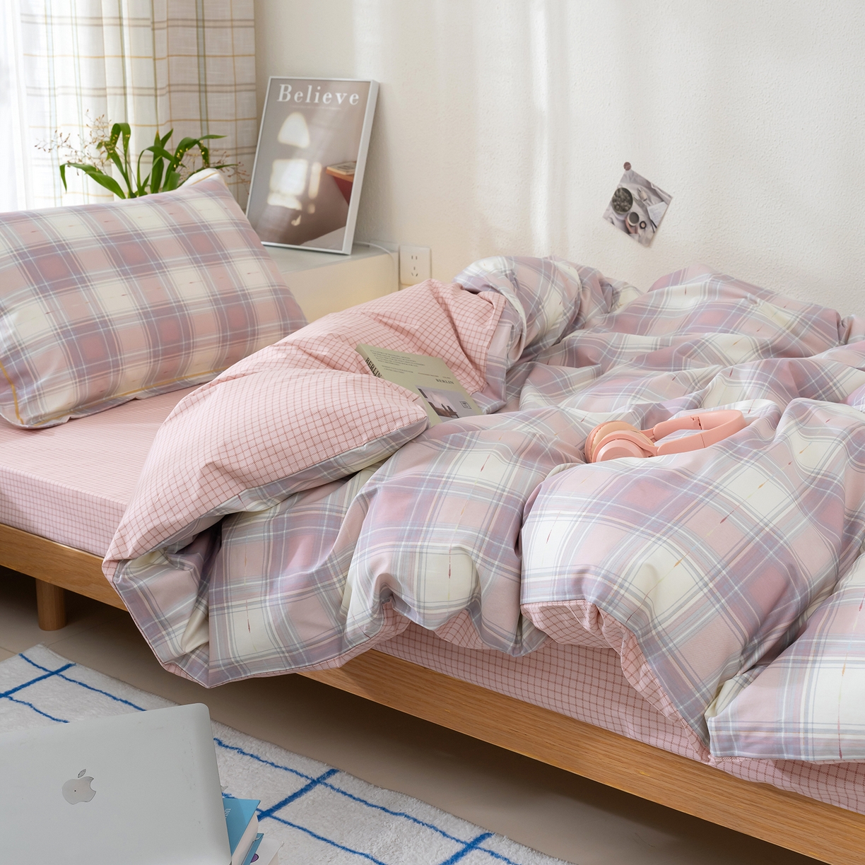 91家纺网 家纺一手货源 找家纺 良佐生活 2026新款A类铂金精梳全棉学生三件套 溪言-粉