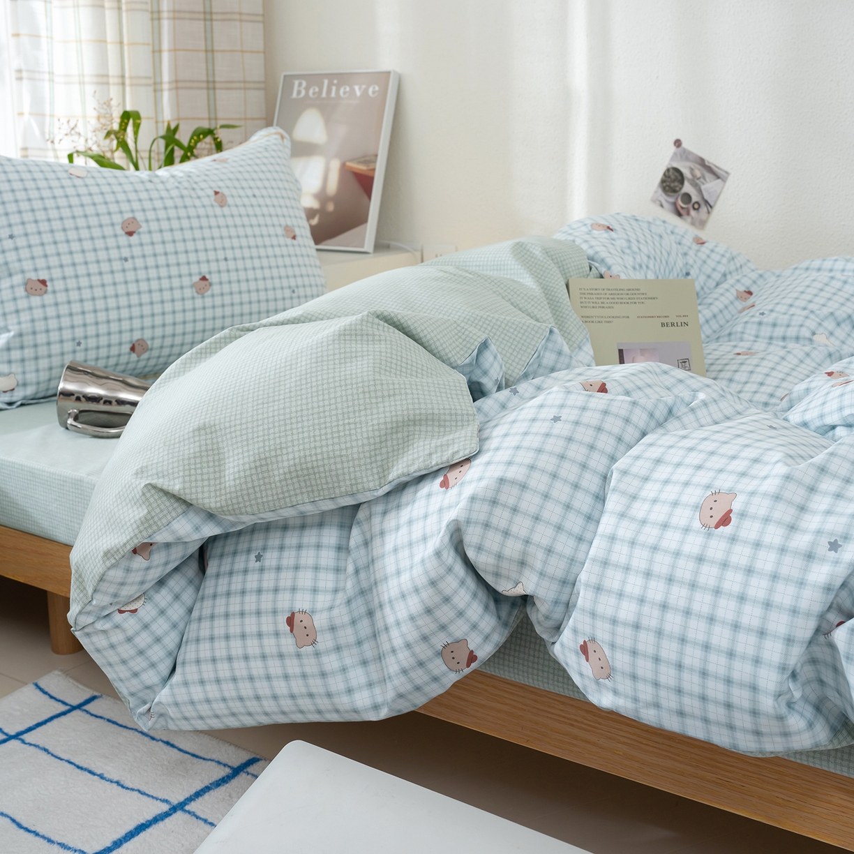 91家纺网 家纺一手货源 找家纺 良佐生活 2026新款A类铂金精梳全棉学生三件套 青格萌喵