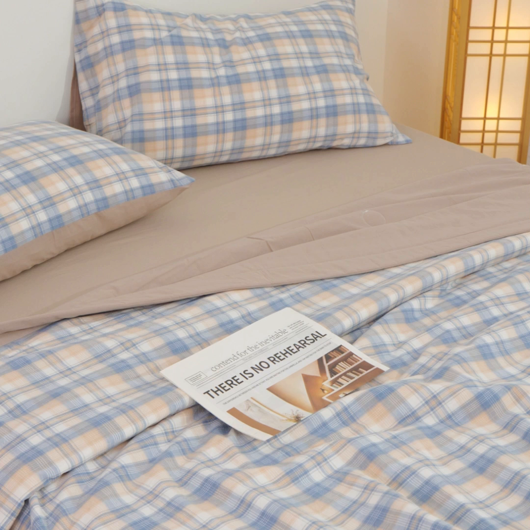 91家纺网 家纺一手货源 找家纺 尊妙被业 2026全棉色织水洗全棉棉花夏被 被子被芯 夏被四件套（格子款） 贝拉咖