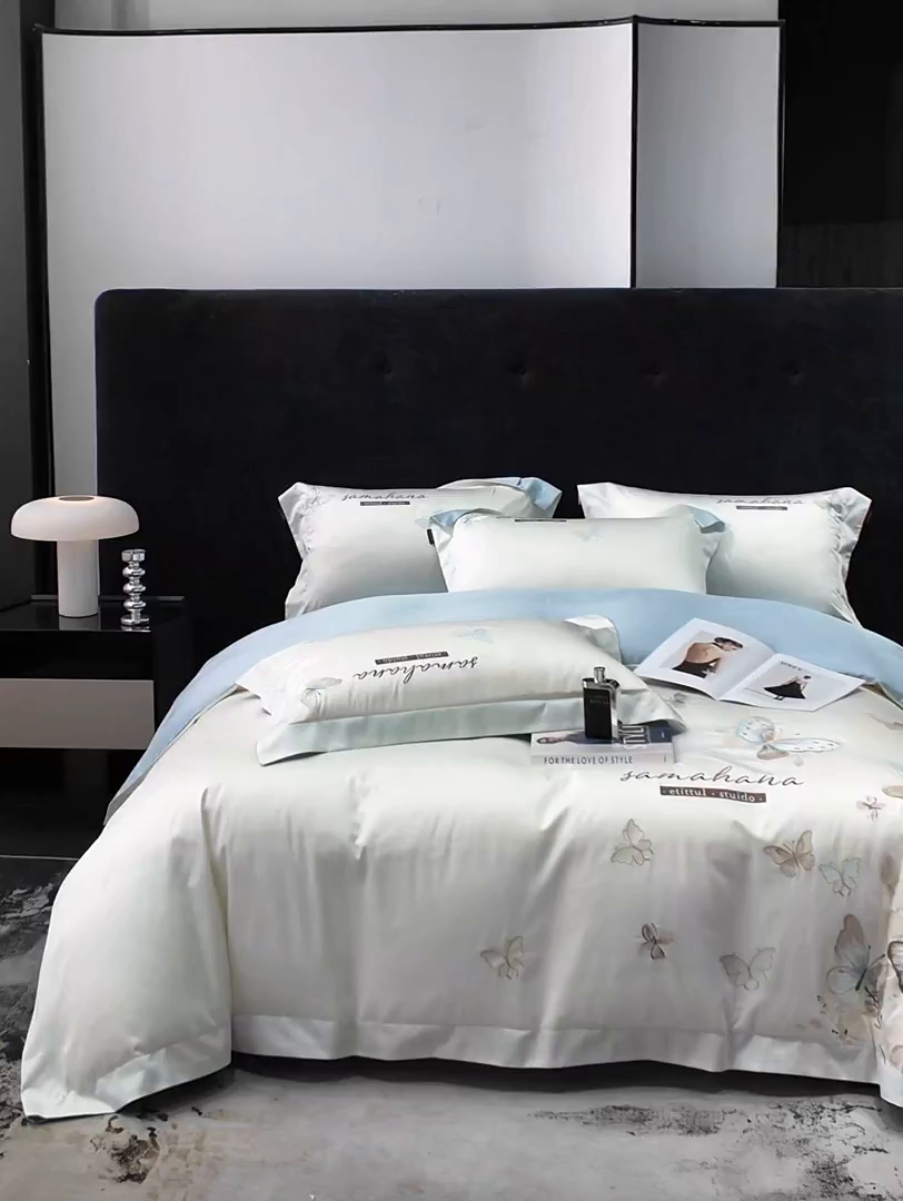 91家纺网 家纺一手货源 找家纺 欣宜家纺 2026新款100支纯棉全棉50x50s贡缎长绒棉刺绣绣花床上四件套【含高端礼盒】-蝶梦系列 白拼兰