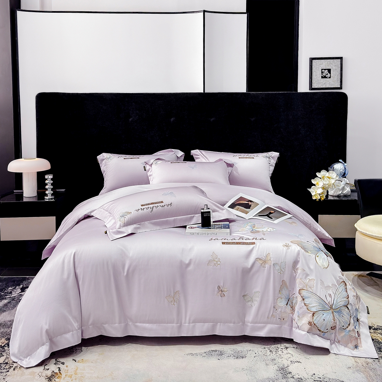 欣宜家纺 2026新款100支纯棉全棉50x50s贡缎长绒棉刺绣绣花床上四件套【含高端礼盒】-蝶梦系列 梦幻紫
