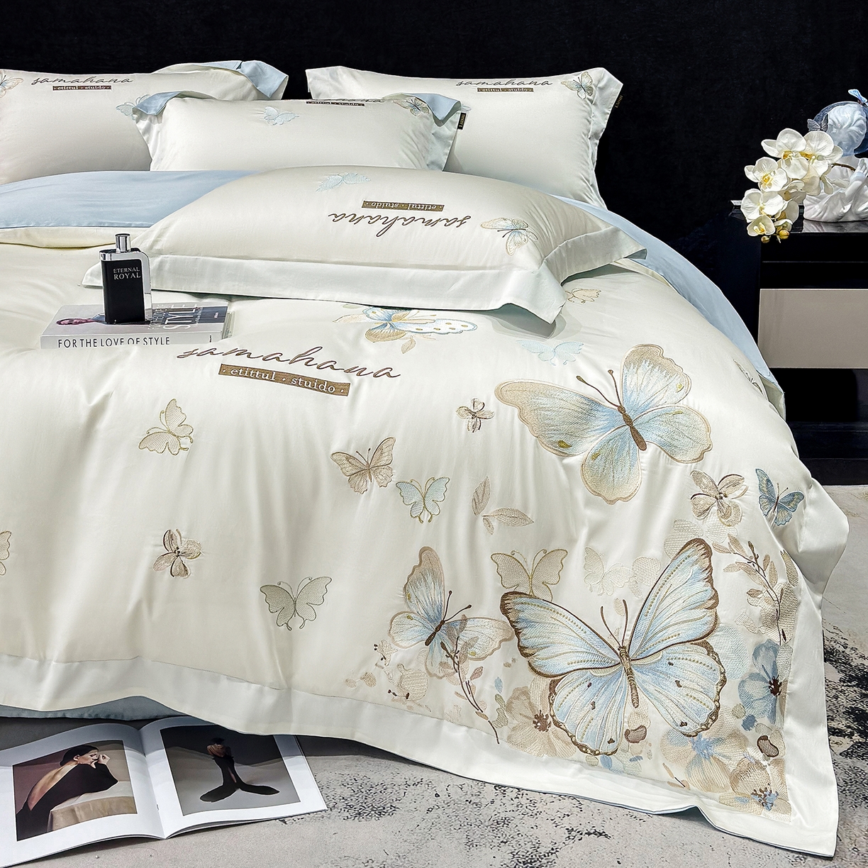 91家纺网 家纺一手货源 找家纺 欣宜家纺 2026新款100支纯棉全棉50x50s贡缎长绒棉刺绣绣花床上四件套【含高端礼盒】-蝶梦系列 白拼兰