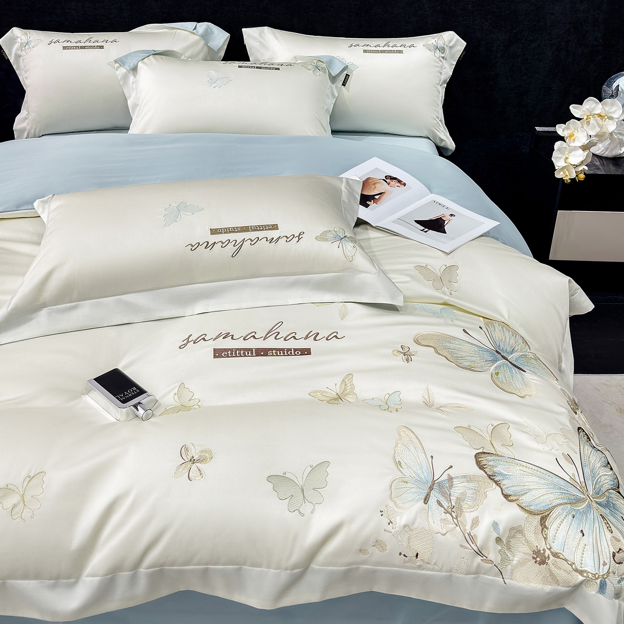 91家纺网 家纺一手货源 找家纺 欣宜家纺 2026新款100支纯棉全棉50x50s贡缎长绒棉刺绣绣花床上四件套【含高端礼盒】-蝶梦系列 白拼兰