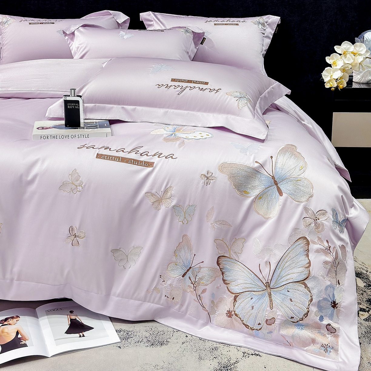 91家纺网 家纺一手货源 找家纺 欣宜家纺 2026新款100支纯棉全棉50x50s贡缎长绒棉刺绣绣花床上四件套【含高端礼盒】-蝶梦系列 梦幻紫