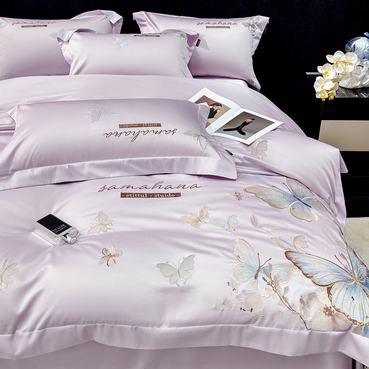 91家纺网 家纺一手货源 找家纺 欣宜家纺 2026新款100支纯棉全棉50x50s贡缎长绒棉刺绣绣花床上四件套【含高端礼盒】-蝶梦系列 梦幻紫