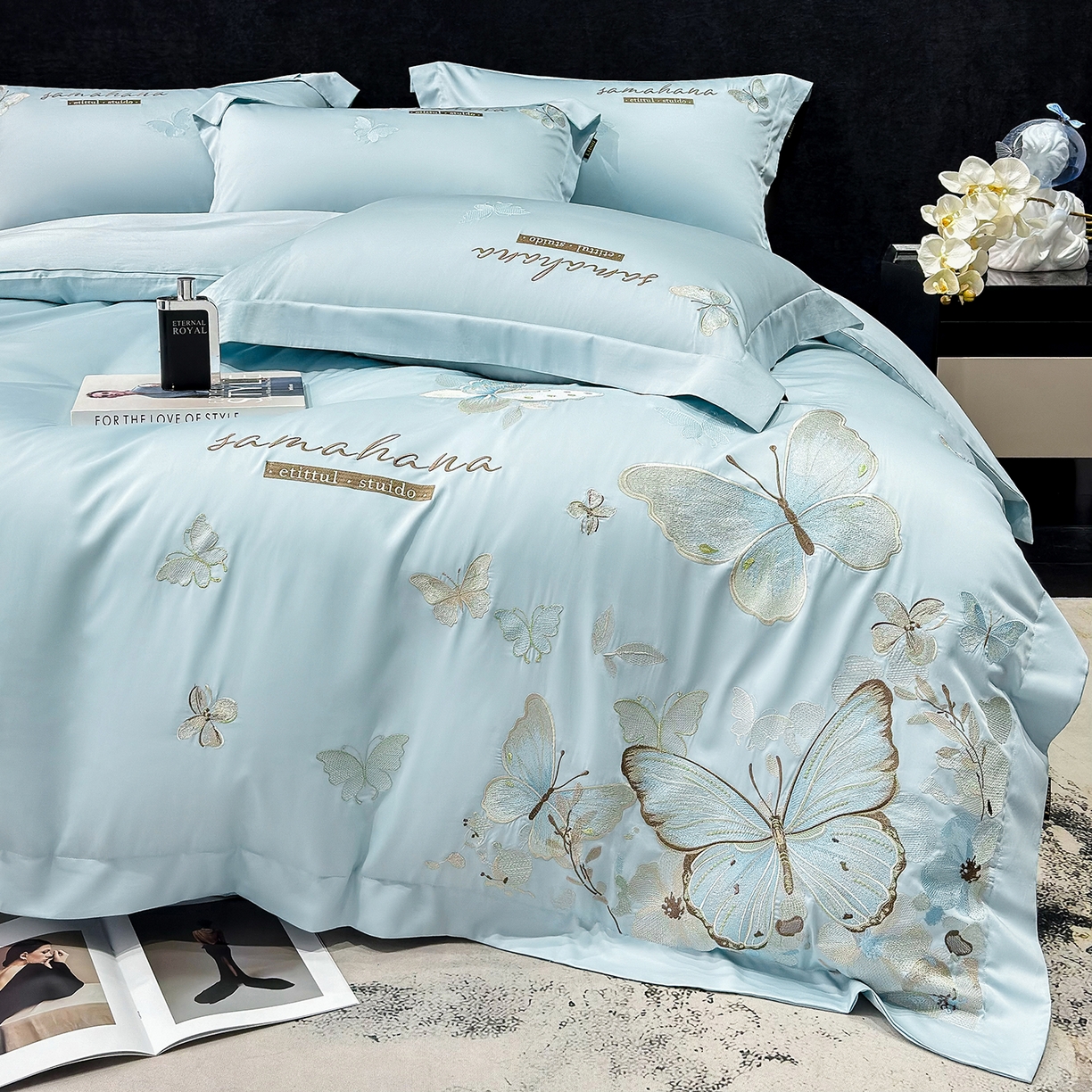 91家纺网 家纺一手货源 找家纺 欣宜家纺 2026新款100支纯棉全棉50x50s贡缎长绒棉刺绣绣花床上四件套【含高端礼盒】-蝶梦系列 天空蓝