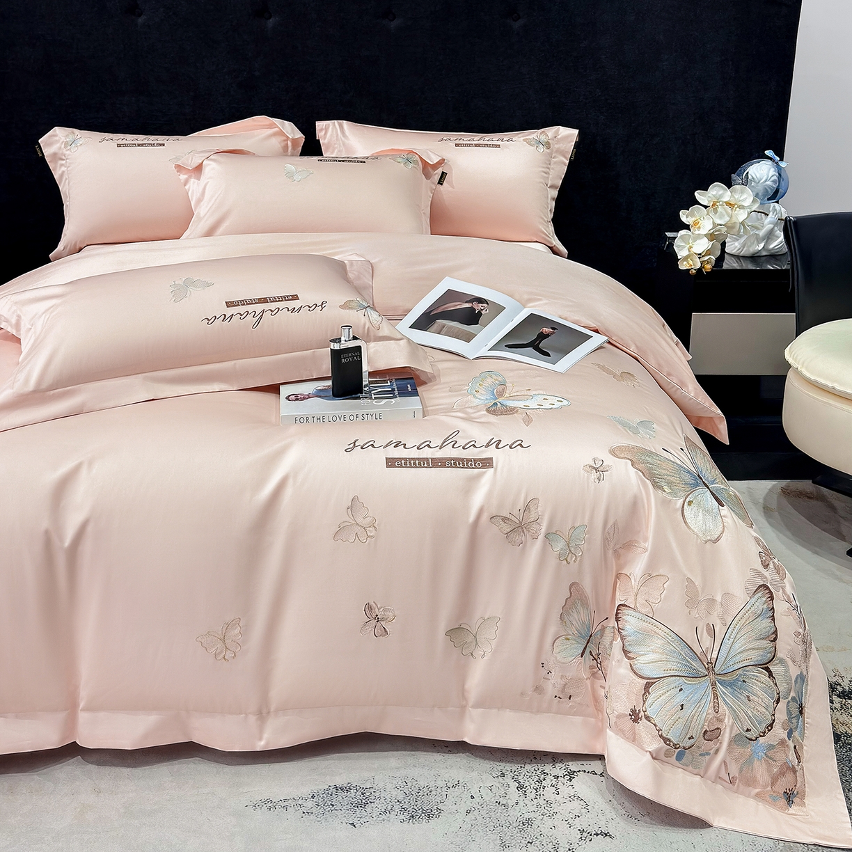 91家纺网 家纺一手货源 找家纺 欣宜家纺 2026新款100支纯棉全棉50x50s贡缎长绒棉刺绣绣花床上四件套【含高端礼盒】-蝶梦系列 轻奢粉