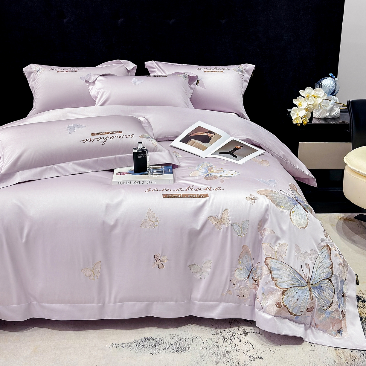 91家纺网 家纺一手货源 找家纺 欣宜家纺 2026新款100支纯棉全棉50x50s贡缎长绒棉刺绣绣花床上四件套【含高端礼盒】-蝶梦系列 梦幻紫