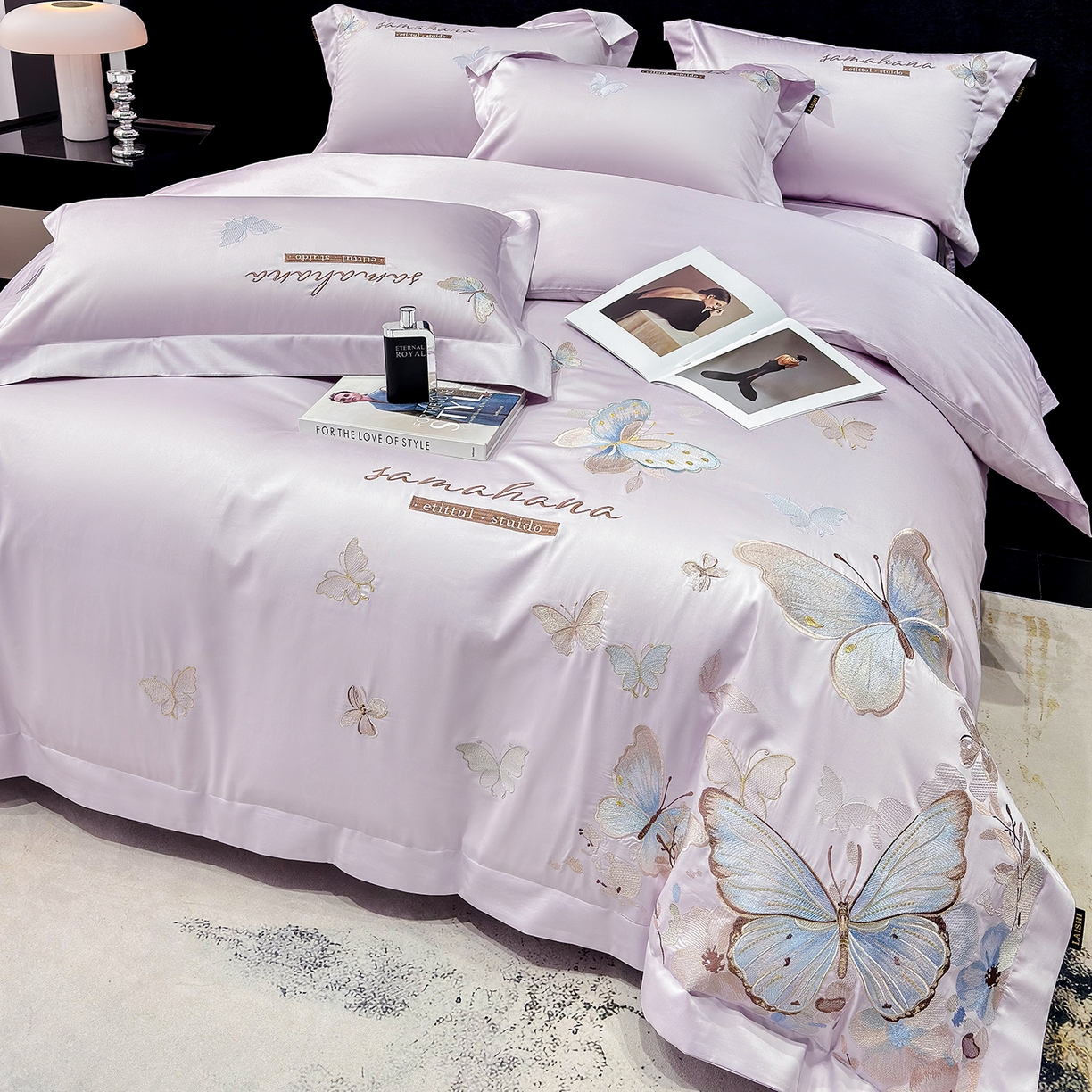 91家纺网 家纺一手货源 找家纺 欣宜家纺 2026新款100支纯棉全棉50x50s贡缎长绒棉刺绣绣花床上四件套【含高端礼盒】-蝶梦系列 梦幻紫