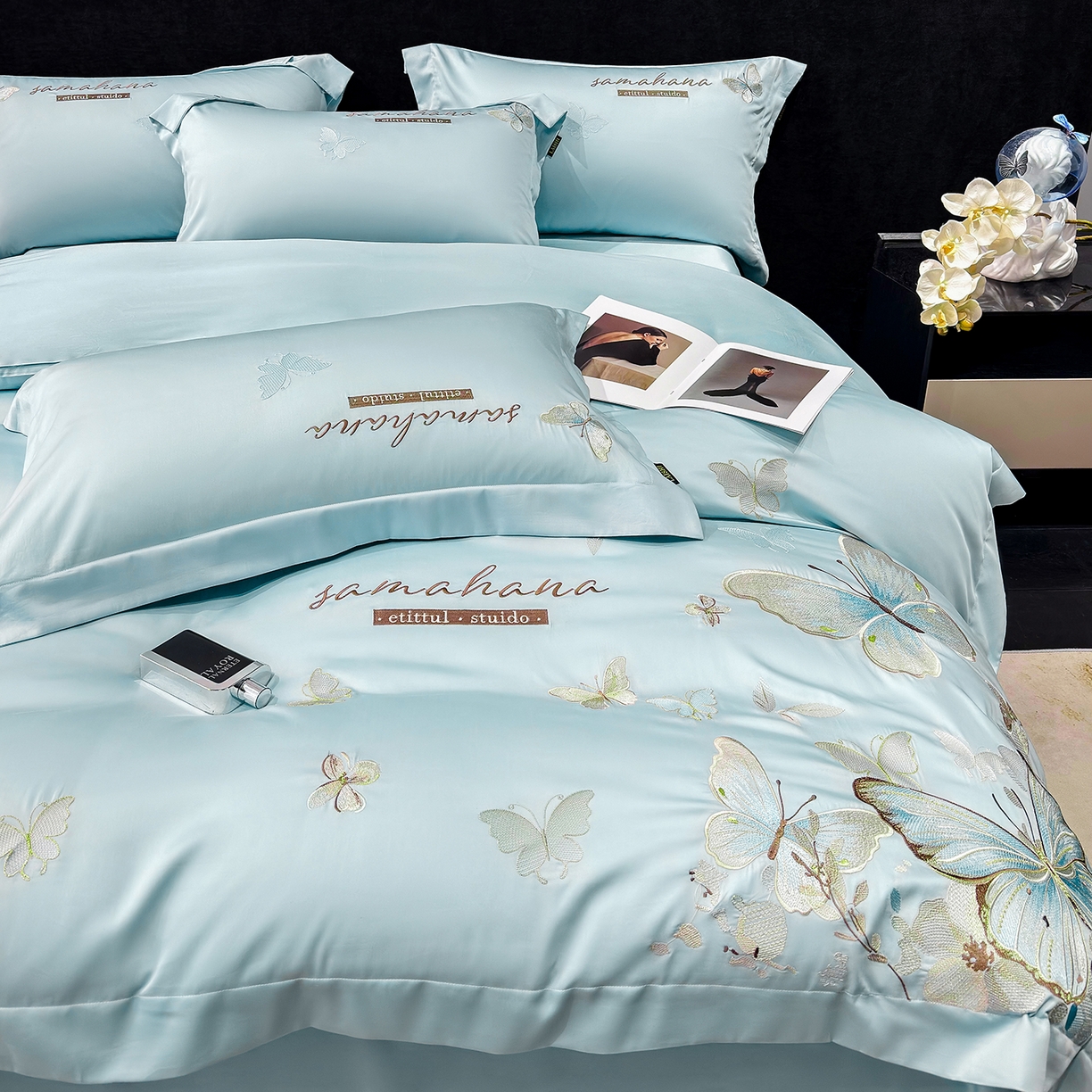 91家纺网 家纺一手货源 找家纺 欣宜家纺 2026新款100支纯棉全棉50x50s贡缎长绒棉刺绣绣花床上四件套【含高端礼盒】-蝶梦系列 天空蓝