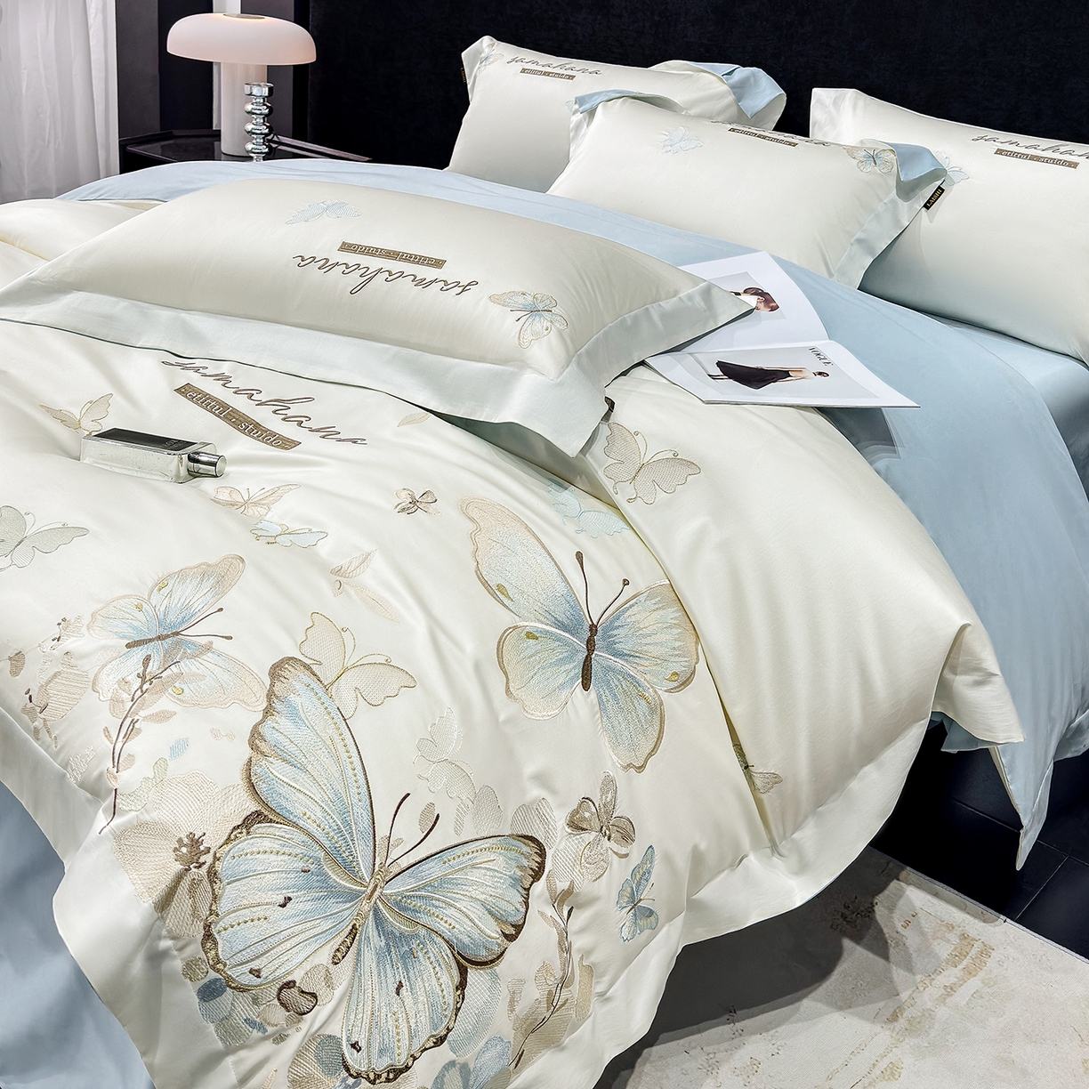 91家纺网 家纺一手货源 找家纺 （总）欣宜家纺 2026新款100支纯棉全棉50x50s贡缎长绒棉刺绣绣花床上四件套【含高端礼盒】-蝶梦系列