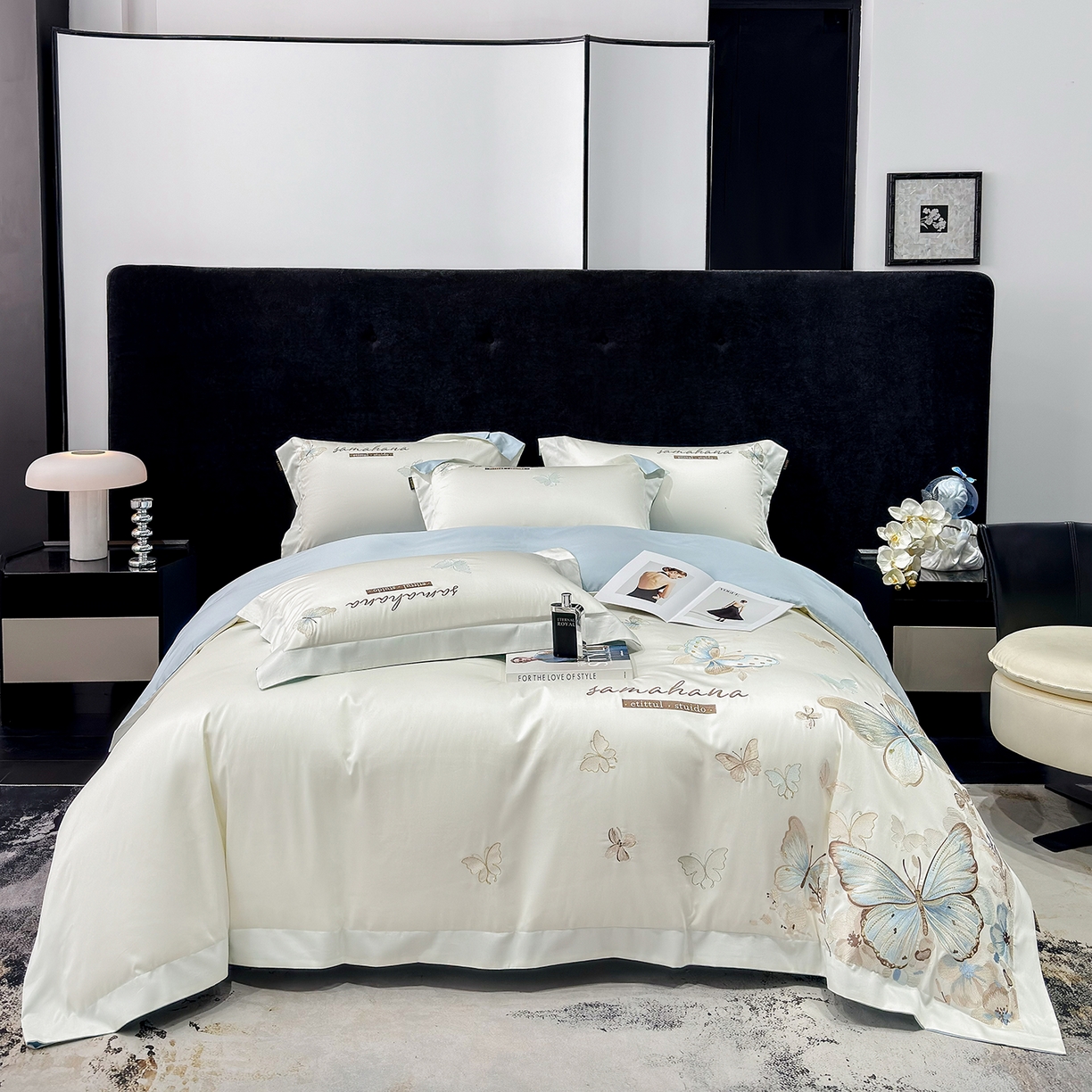 欣宜家纺 2026新款100支纯棉全棉50x50s贡缎长绒棉刺绣绣花床上四件套【含高端礼盒】-蝶梦系列 白拼兰