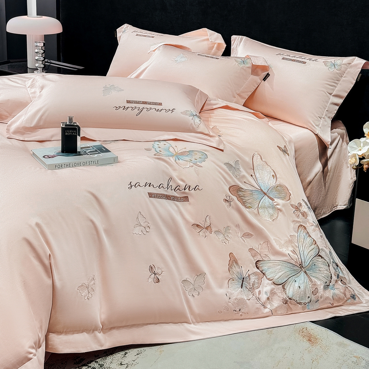 91家纺网 家纺一手货源 找家纺 欣宜家纺 2026新款100支纯棉全棉50x50s贡缎长绒棉刺绣绣花床上四件套【含高端礼盒】-蝶梦系列 轻奢粉