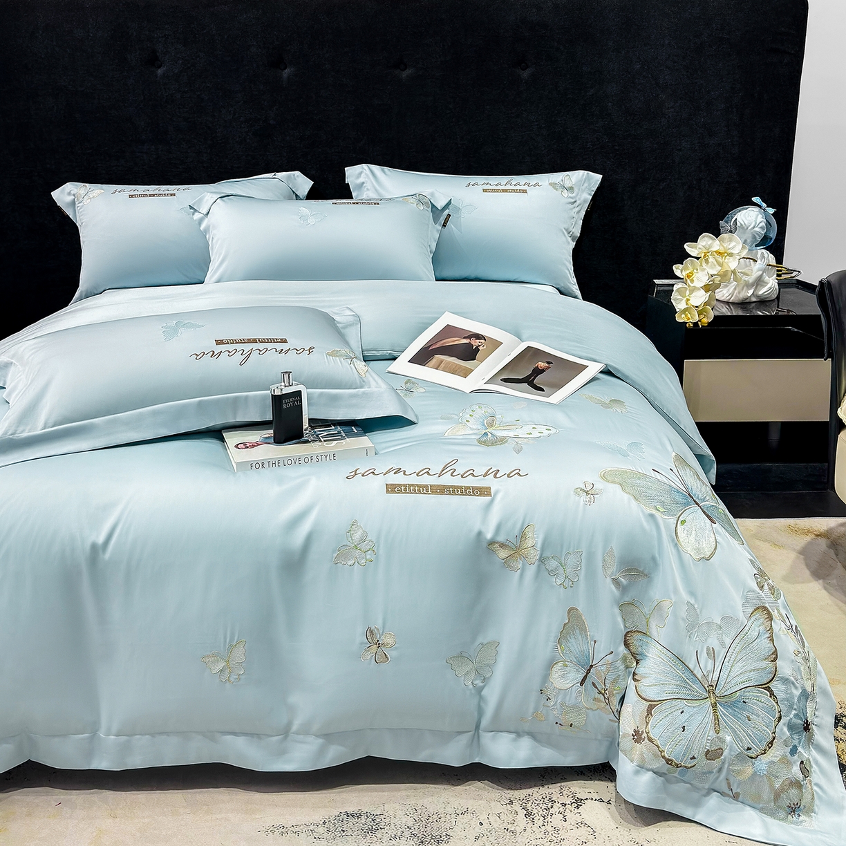 91家纺网 家纺一手货源 找家纺 欣宜家纺 2026新款100支纯棉全棉50x50s贡缎长绒棉刺绣绣花床上四件套【含高端礼盒】-蝶梦系列 天空蓝