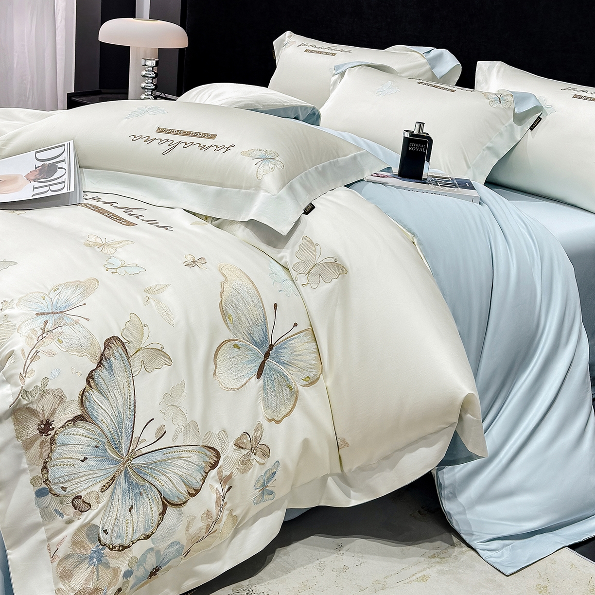 91家纺网 家纺一手货源 找家纺 （总）欣宜家纺 2026新款100支纯棉全棉50x50s贡缎长绒棉刺绣绣花床上四件套【含高端礼盒】-蝶梦系列