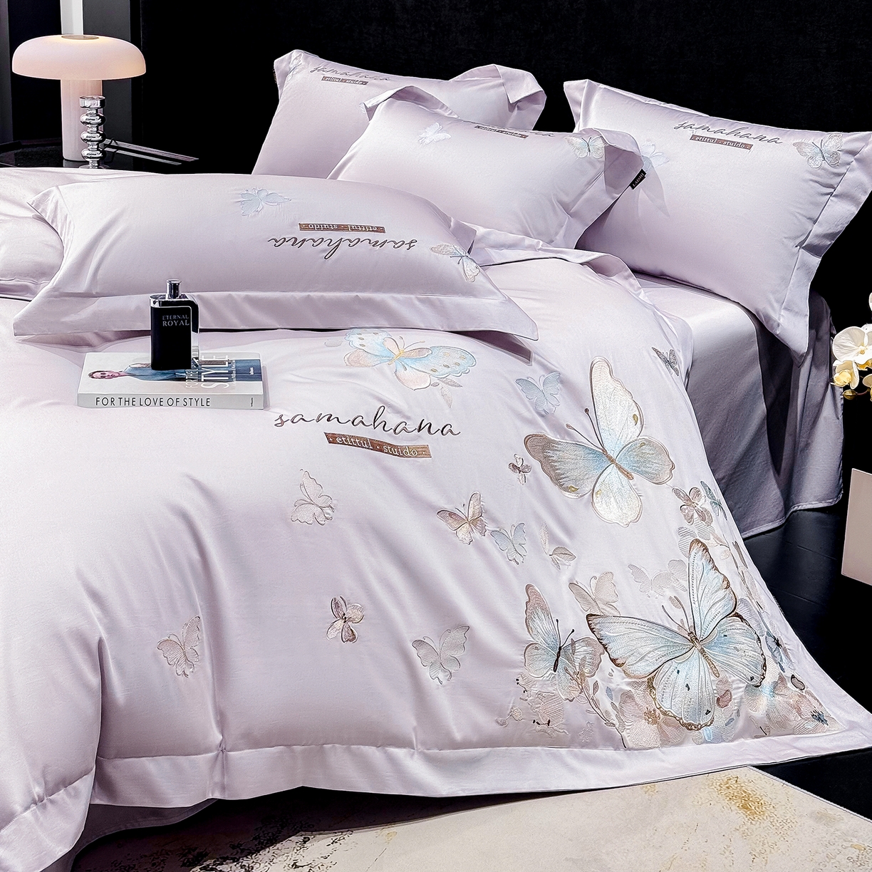 91家纺网 家纺一手货源 找家纺 欣宜家纺 2026新款100支纯棉全棉50x50s贡缎长绒棉刺绣绣花床上四件套【含高端礼盒】-蝶梦系列 梦幻紫