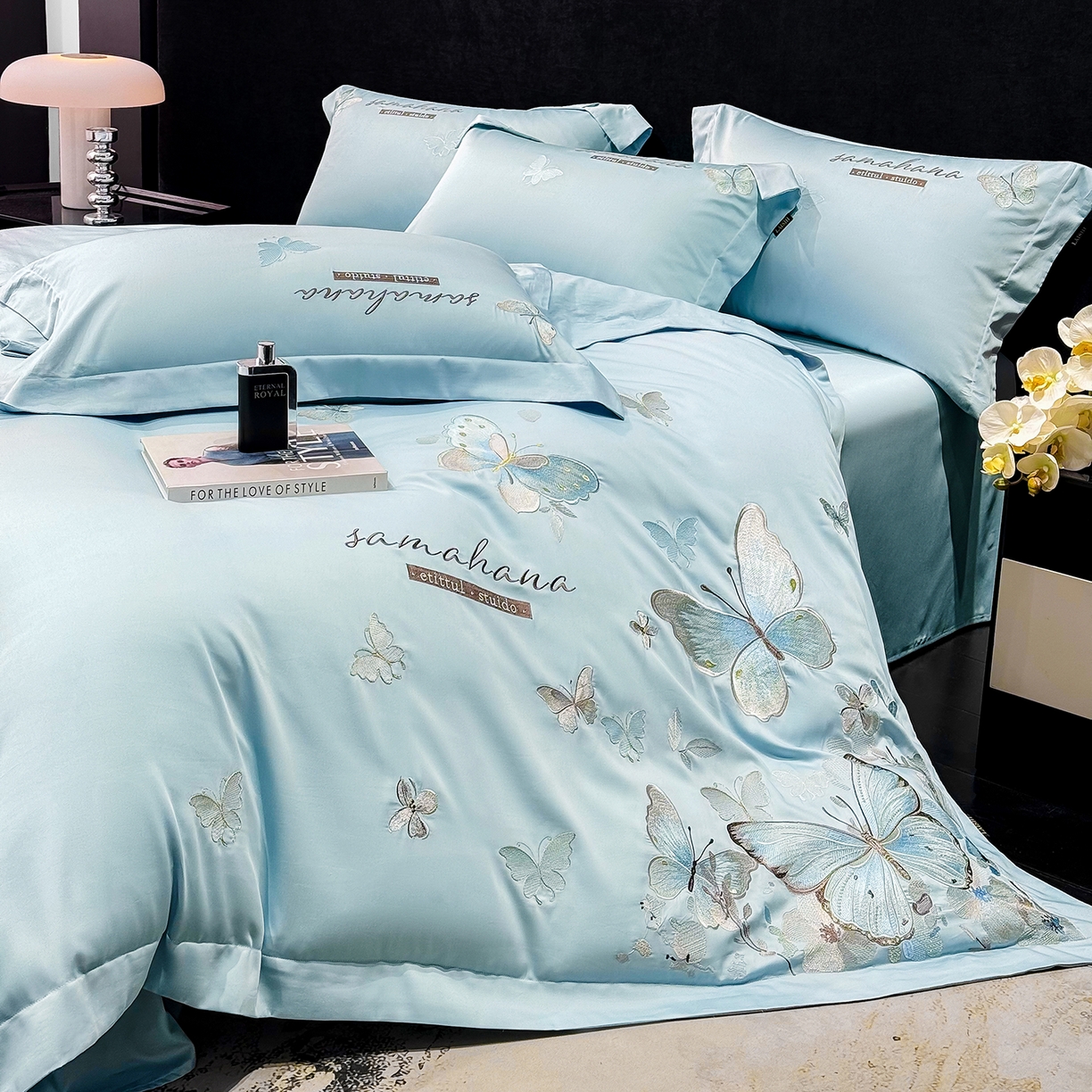 91家纺网 家纺一手货源 找家纺 欣宜家纺 2026新款100支纯棉全棉50x50s贡缎长绒棉刺绣绣花床上四件套【含高端礼盒】-蝶梦系列 天空蓝