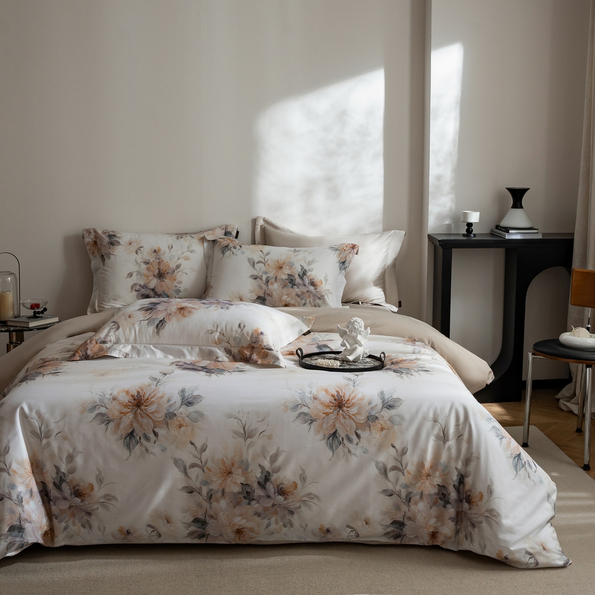 91家纺网 家纺一手货源 找家纺 莱豫家纺 2026新款长绒棉纯棉阿克苏数码印花四件套 花漾千朵