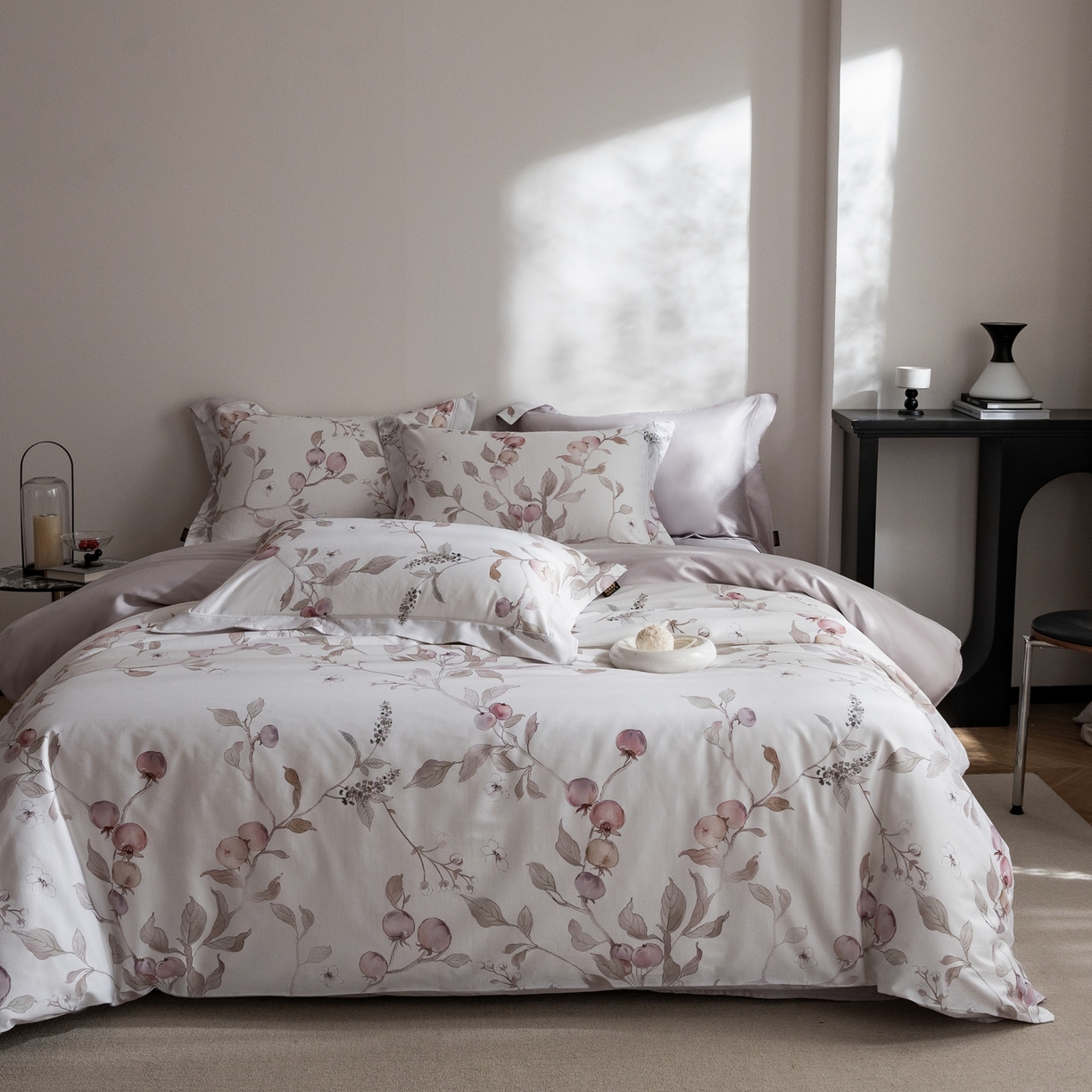 莱豫家纺 2026新款长绒棉纯棉阿克苏数码印花四件套 春涧粉紫