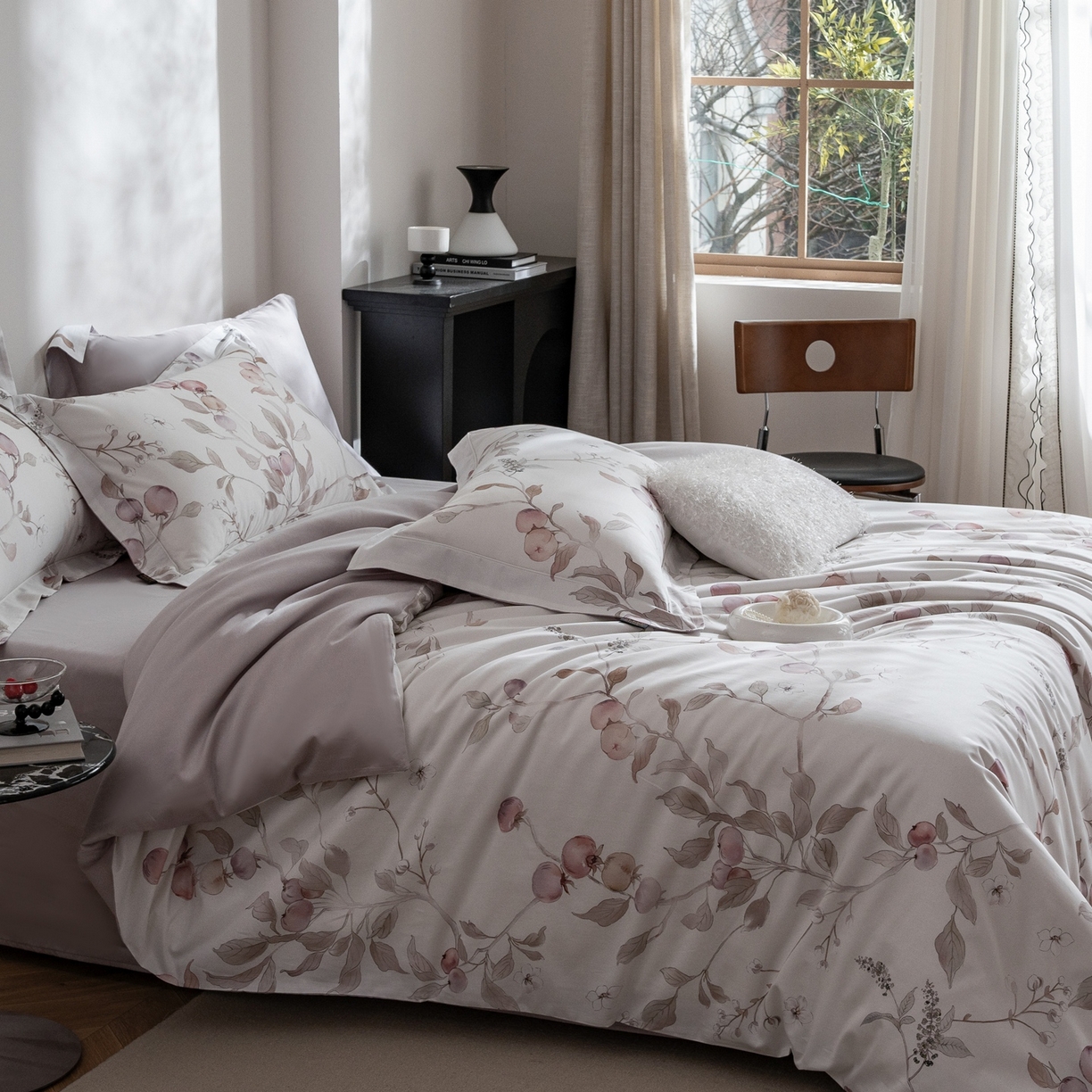 91家纺网 家纺一手货源 找家纺 莱豫家纺 2026新款长绒棉纯棉阿克苏数码印花四件套 春涧粉紫