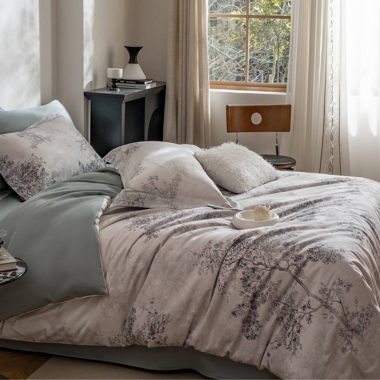 91家纺网 家纺一手货源 找家纺 莱豫家纺 2026新款长绒棉纯棉阿克苏数码印花四件套 木与叁山灰