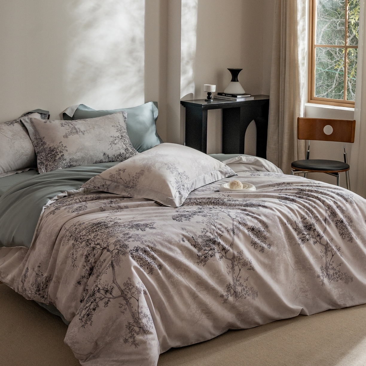 91家纺网 家纺一手货源 找家纺 莱豫家纺 2026新款长绒棉纯棉阿克苏数码印花四件套 木与叁山灰