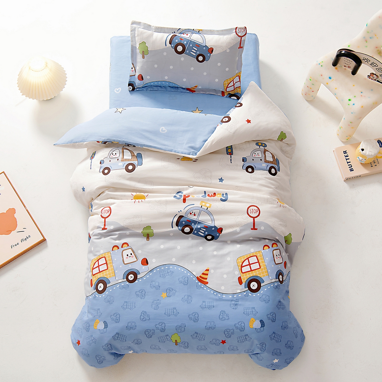 芭伯妮2025AB版全棉幼儿园三件套儿童被子套件六件套 车车环游记