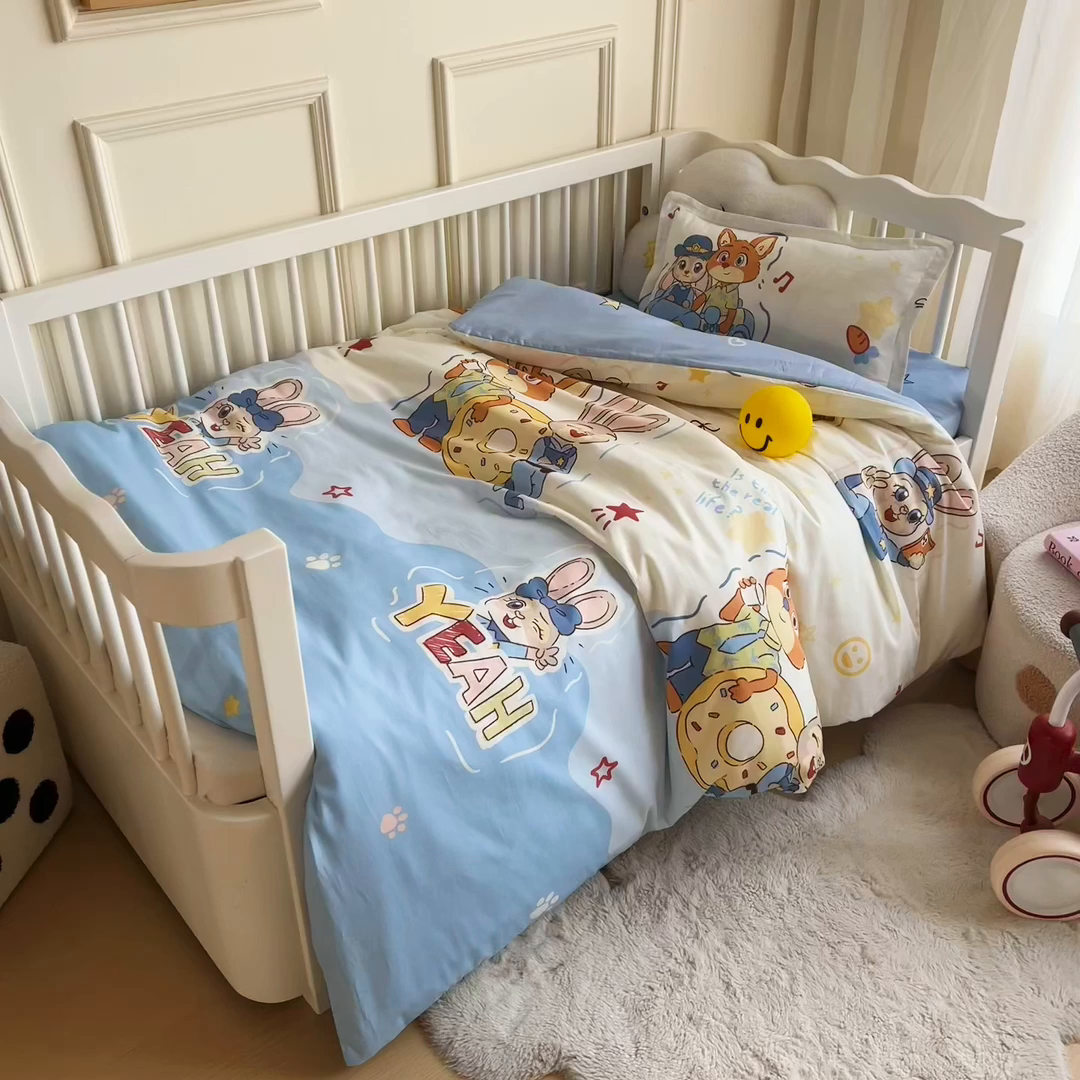 91家纺网 家纺一手货源 找家纺 芭伯妮 2026新款全棉AB版幼儿园三件套宝宝午睡被子六件套儿童被套多件套（第一批）萌趣cp