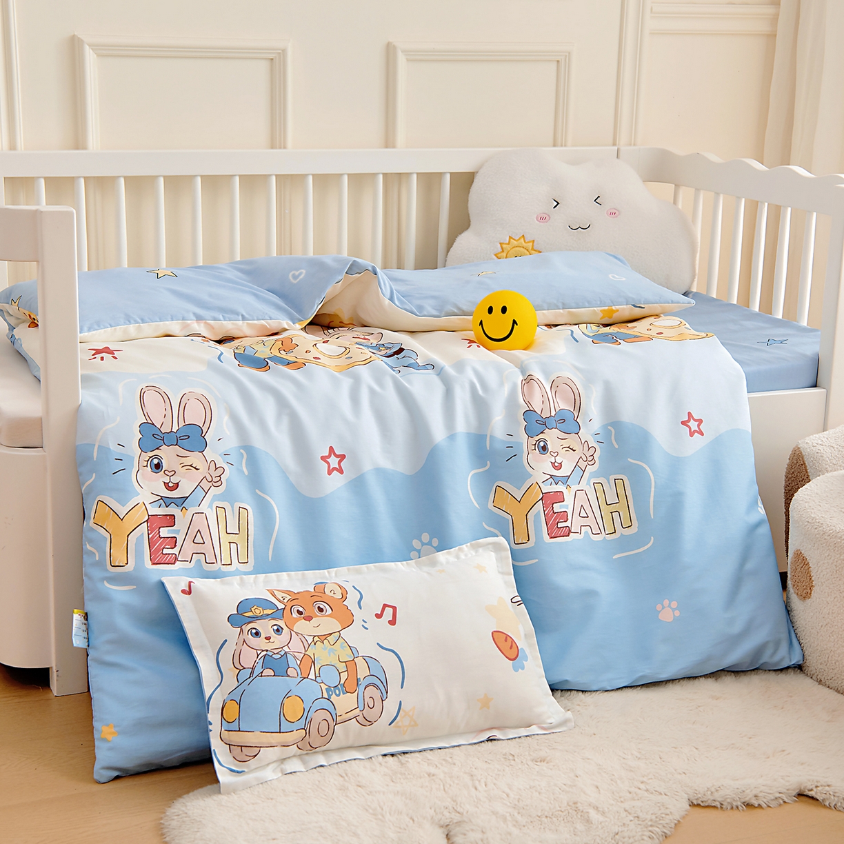 91家纺网 家纺一手货源 找家纺 芭伯妮 2026新款全棉AB版幼儿园三件套宝宝午睡被子六件套儿童被套多件套（第一批）萌趣cp