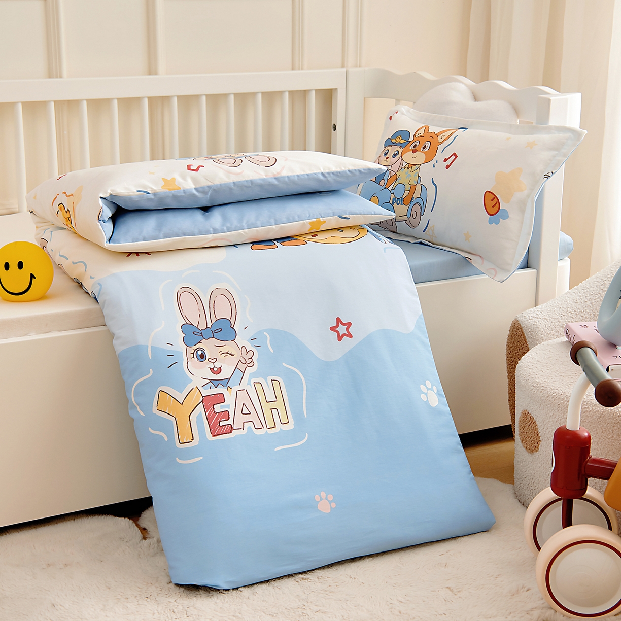 91家纺网 家纺一手货源 找家纺 芭伯妮 2026新款全棉AB版幼儿园三件套宝宝午睡被子六件套儿童被套多件套（第一批）萌趣cp