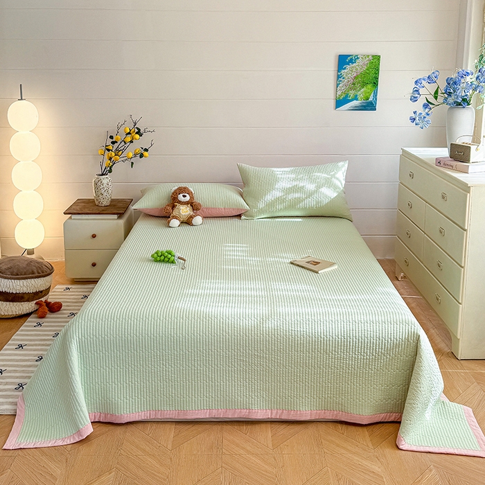 91家纺网 家纺一手货源 找家纺 木楌家居 2026新款锦氨凉感床盖三件套 浅汀绿