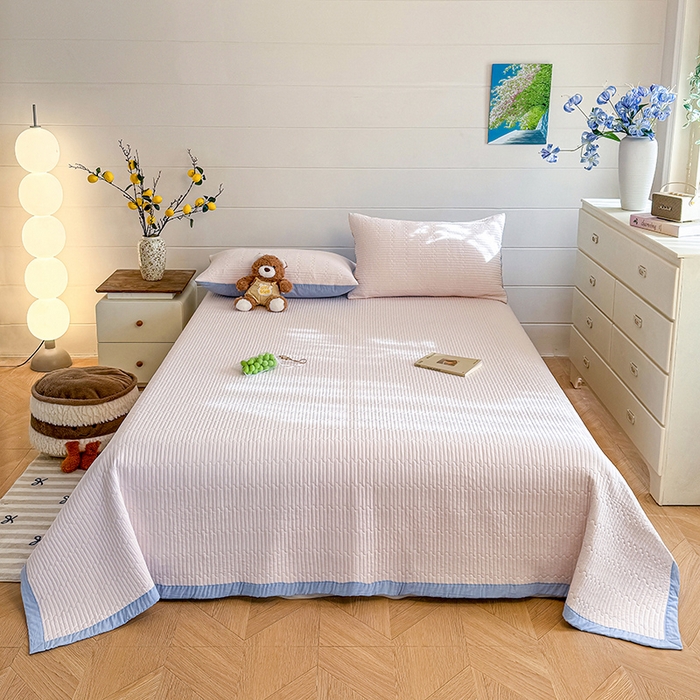 91家纺网 家纺一手货源 找家纺 木楌家居 2026新款锦氨凉感床盖三件套 晚樱粉