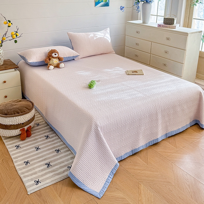 91家纺网 家纺一手货源 找家纺 木楌家居 2026新款锦氨凉感床盖三件套 晚樱粉