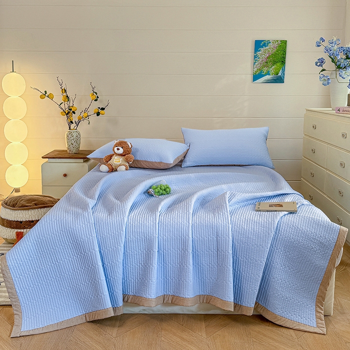 91家纺网 家纺一手货源 找家纺 木楌家居 2026新款锦氨凉感床盖三件套 汐风蓝