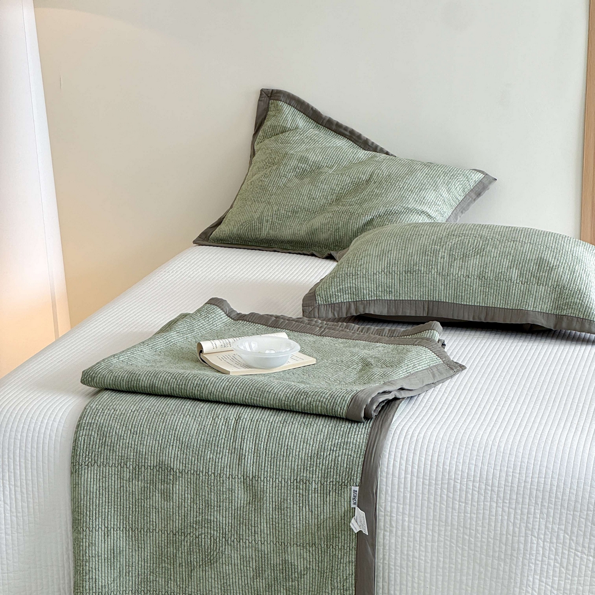 91家纺网 家纺一手货源 找家纺 床盖工厂店 2026新款双面可用莫代尔天丝填充80棉花床盖三件套 香岛巴黎-绿