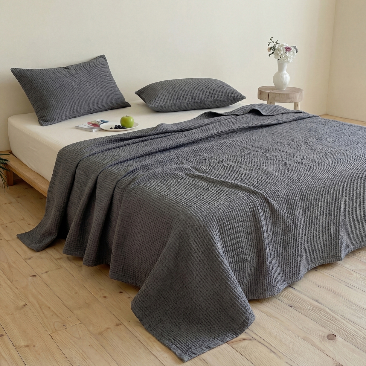 91家纺网 家纺一手货源 找家纺 （总）上喜 2026春夏新款全棉纯棉直角边简约韩系砂洗床盖三件套