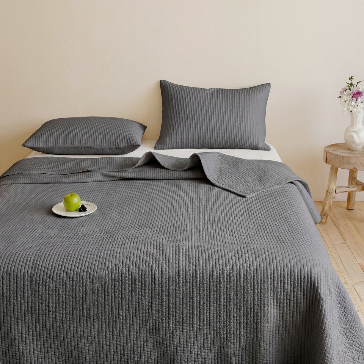 91家纺网 家纺一手货源 找家纺 （总）上喜 2026春夏新款全棉纯棉直角边简约韩系砂洗床盖三件套