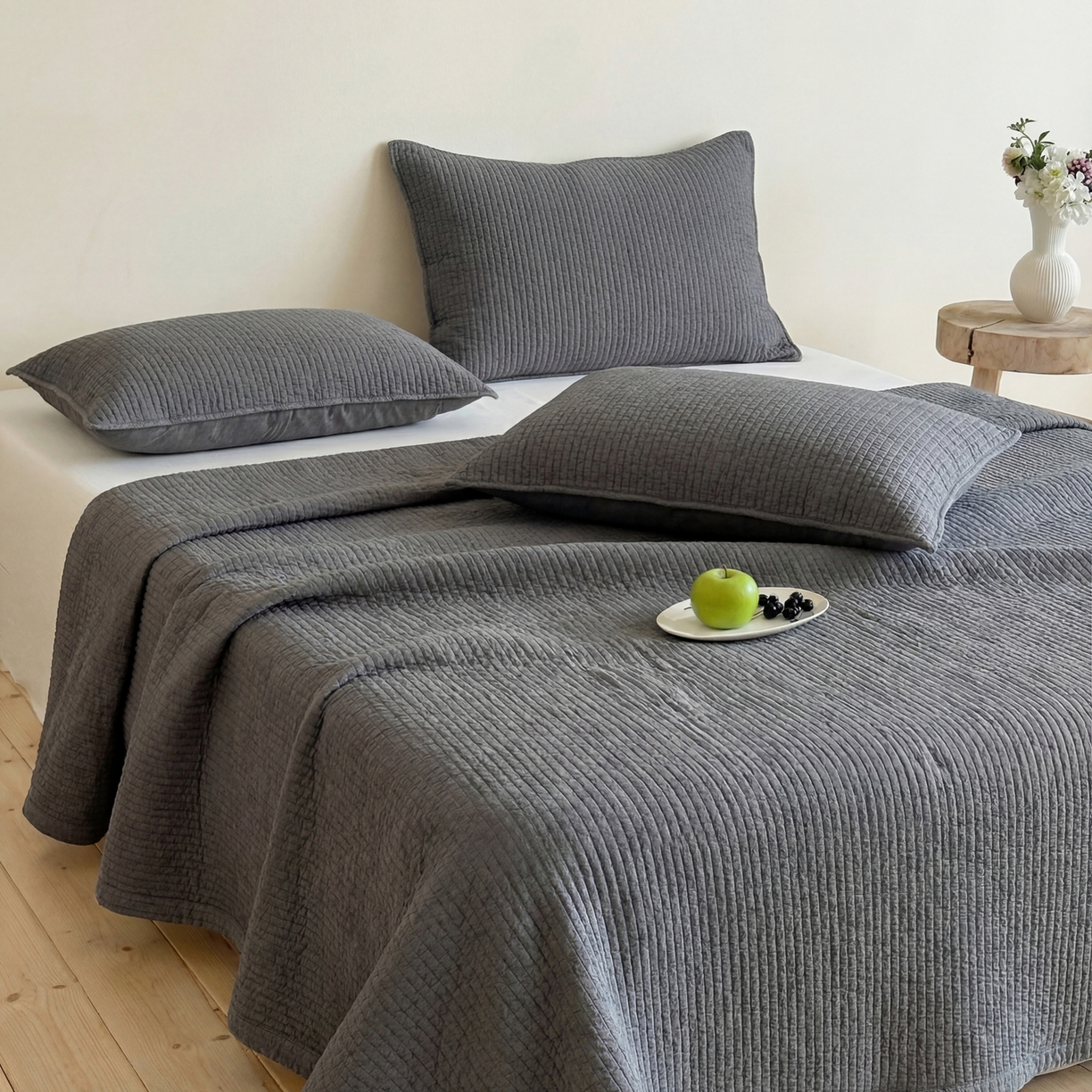 91家纺网 家纺一手货源 找家纺 （总）上喜 2026春夏新款全棉纯棉直角边简约韩系砂洗床盖三件套