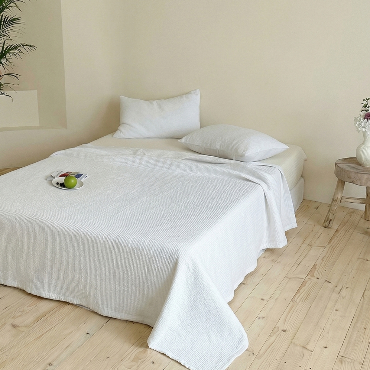 91家纺网 家纺一手货源 找家纺 上喜 2026春夏新款全棉纯棉直角边简约韩系砂洗床盖三件套 亮白