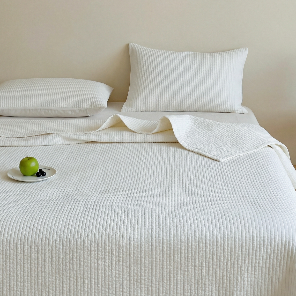 91家纺网 家纺一手货源 找家纺 上喜 2026春夏新款全棉纯棉直角边简约韩系砂洗床盖三件套 亮白