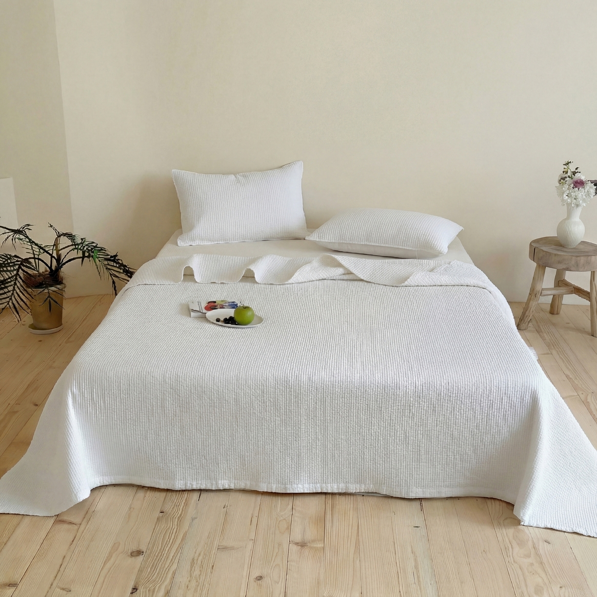 91家纺网 家纺一手货源 找家纺 上喜 2026春夏新款全棉纯棉直角边简约韩系砂洗床盖三件套 亮白