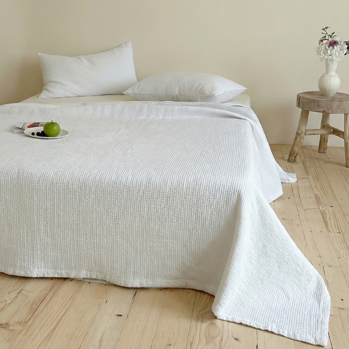 91家纺网 家纺一手货源 找家纺 上喜 2026春夏新款全棉纯棉直角边简约韩系砂洗床盖三件套 亮白