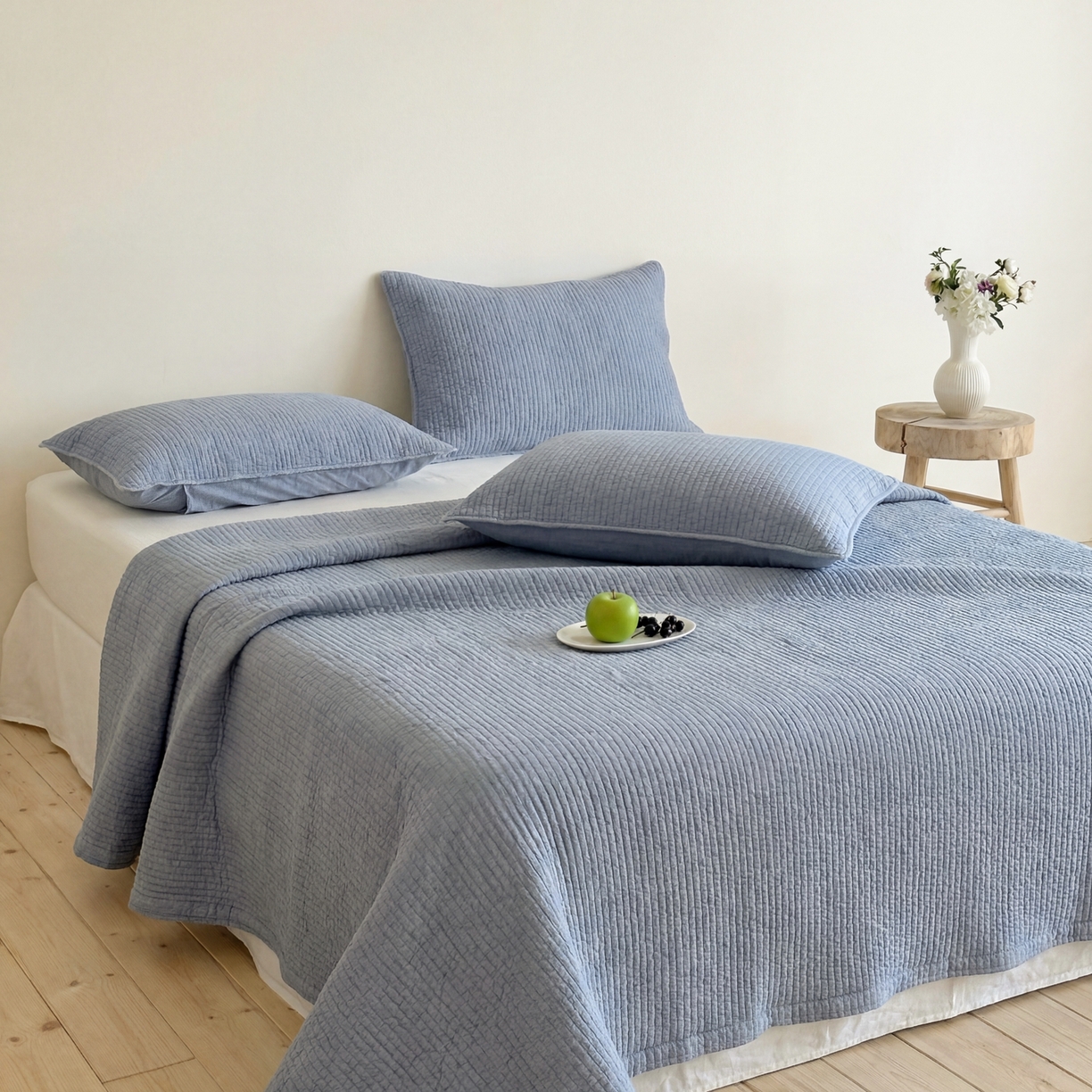 上喜 2026春夏新款全棉纯棉直角边简约韩系砂洗床盖三件套 雾霾蓝