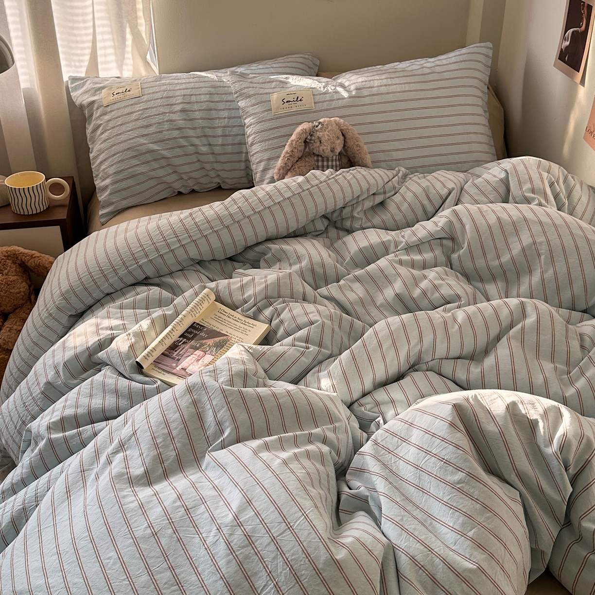 91家纺网 家纺一手货源 找家纺 艾咪-Amy ntmy 2026春夏新款布标款全棉纯棉色织水洗棉四件套-告白 告白-蓝条