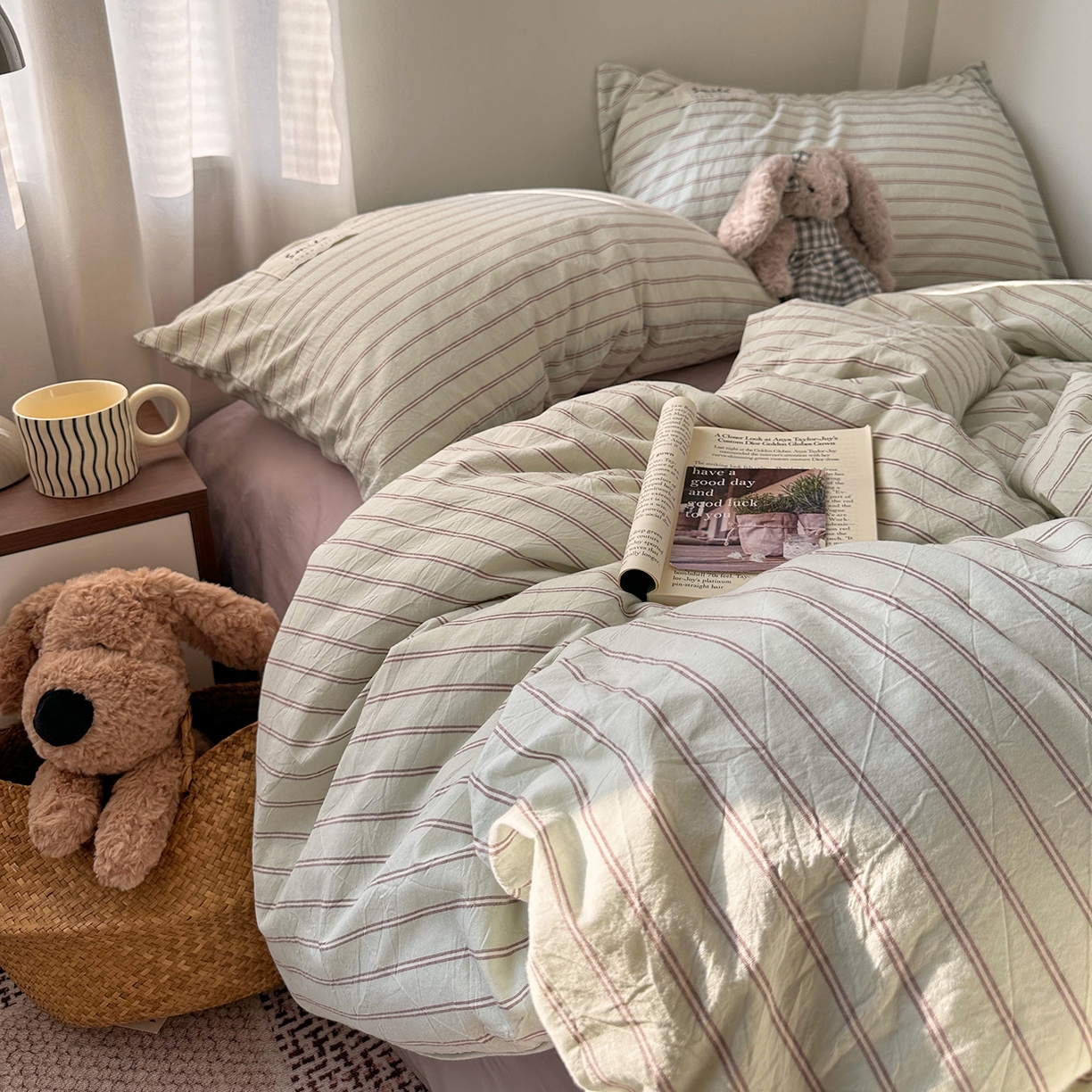 91家纺网 家纺一手货源 找家纺 艾咪-Amy ntmy 2026春夏新款布标款全棉纯棉色织水洗棉四件套-告白 告白-绿条