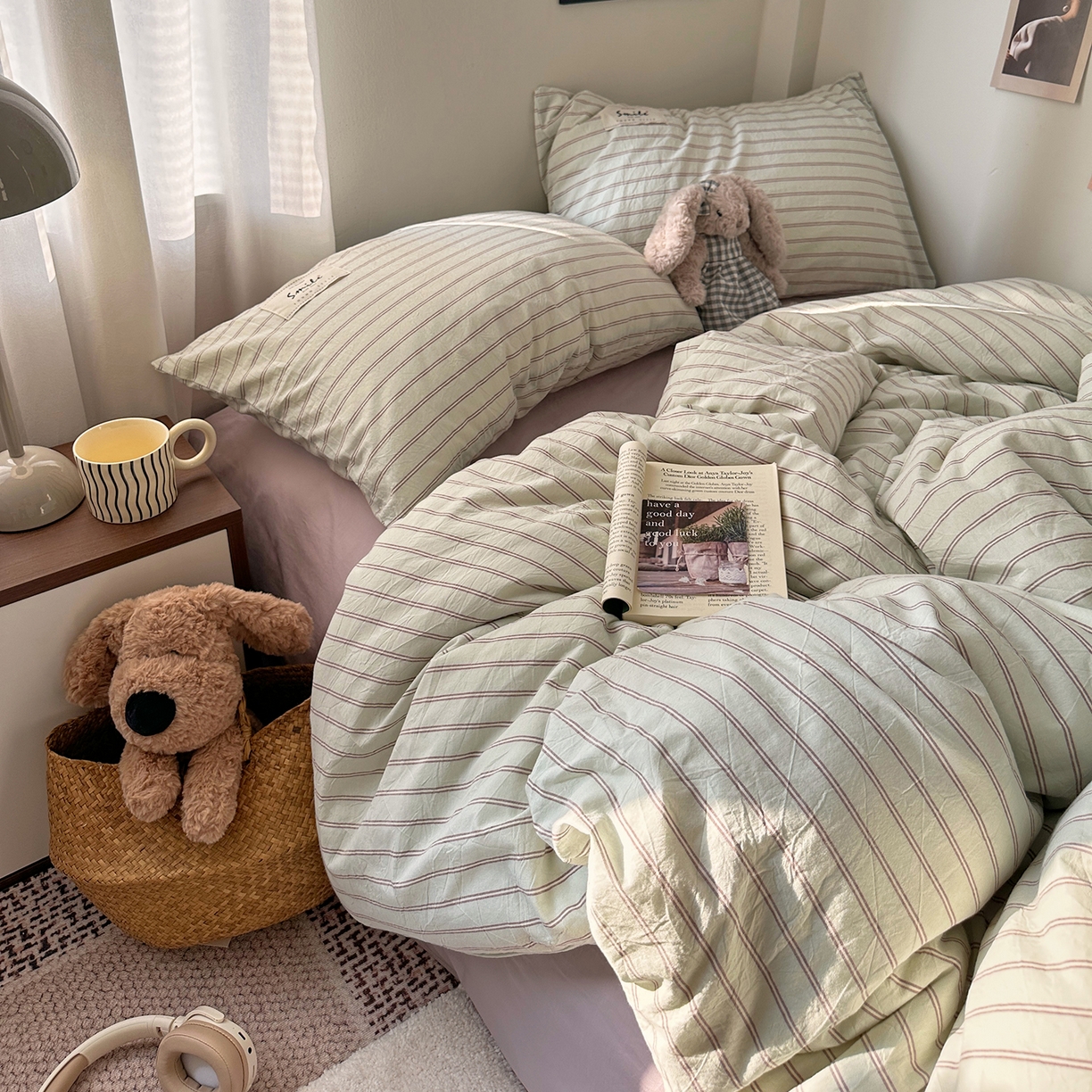 91家纺网 家纺一手货源 找家纺 艾咪-Amy ntmy 2026春夏新款布标款全棉纯棉色织水洗棉四件套-告白 告白-绿条