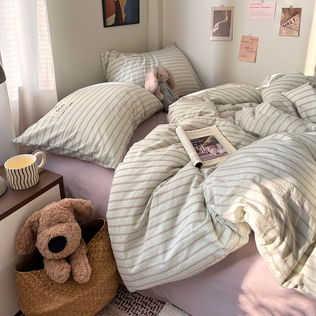 91家纺网 家纺一手货源 找家纺 艾咪-Amy ntmy 2026春夏新款布标款全棉纯棉色织水洗棉四件套-告白 告白-绿条